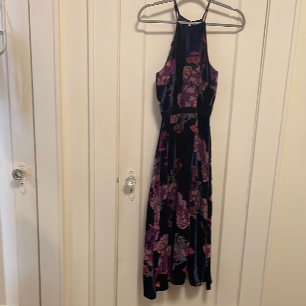 NWT - Lulus Burnout Velvet Halter Midi Dress - Midnight Blue/plum floral - XS